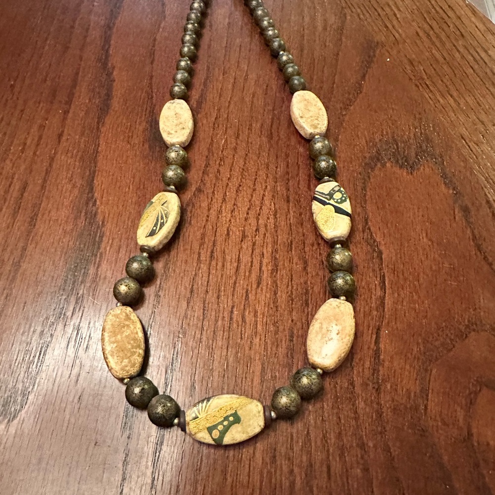 SOLD - crossposted- Vintage Hand-Painted Bone Bead Necklace Abstract Design 12”